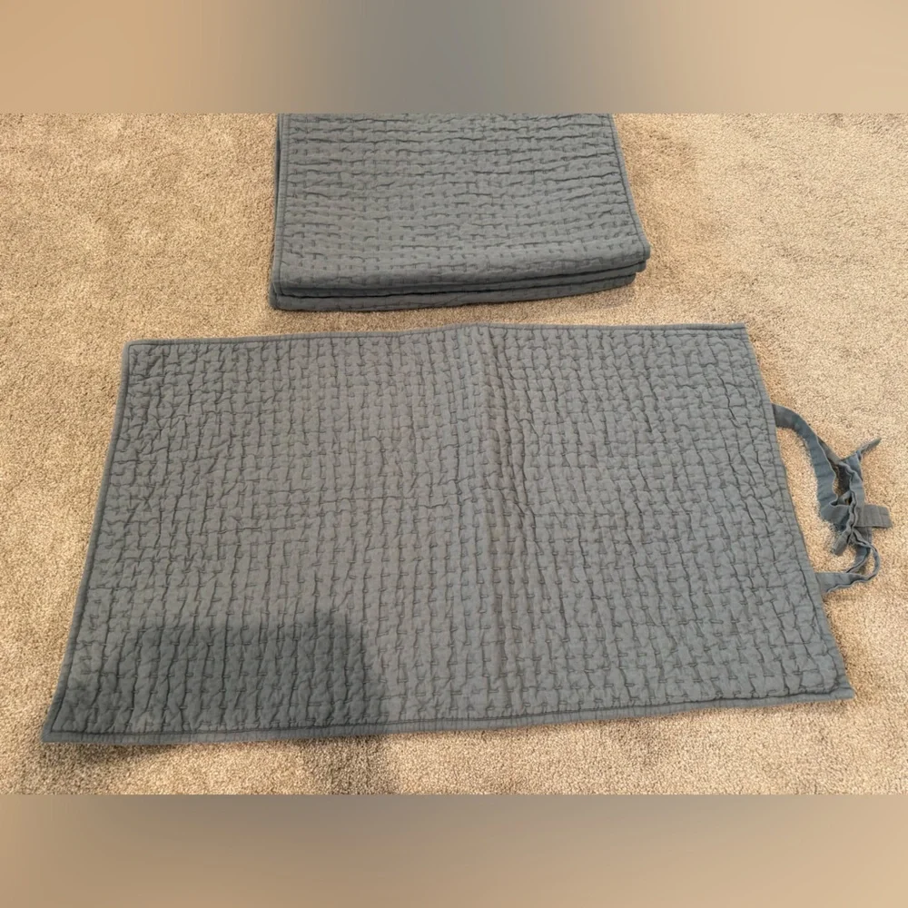 Pottery Barn Pick- Stitched King Shams Set of 4 Blue Grey Tie Linen Cotton